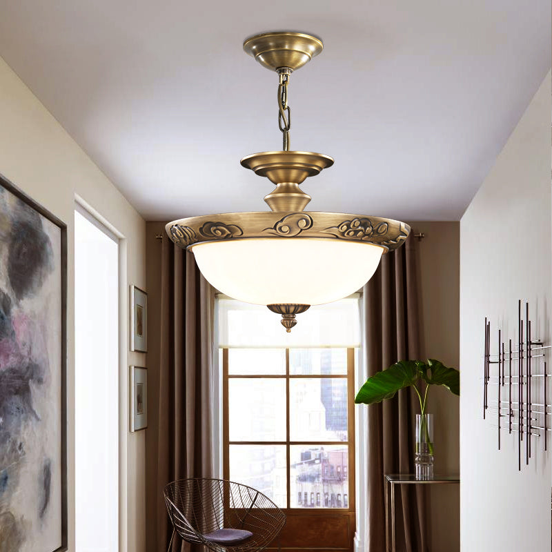 Antique Style Bronze Bowl Suspension Light With White Glass - Corridor Chandelier Pendant