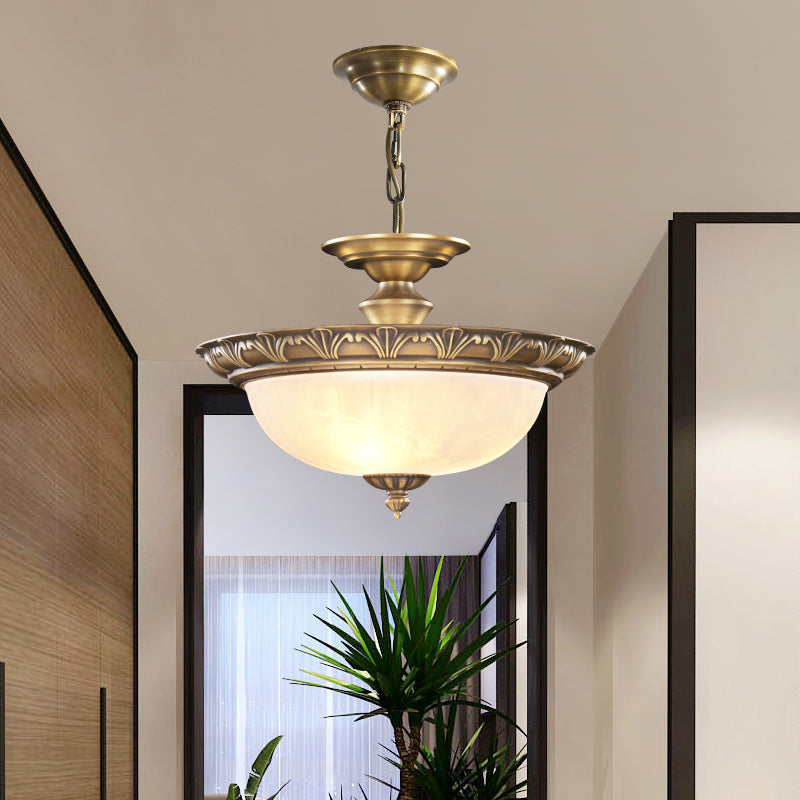 Antique Style Bronze Bowl Suspension Light With White Glass - Corridor Chandelier Pendant