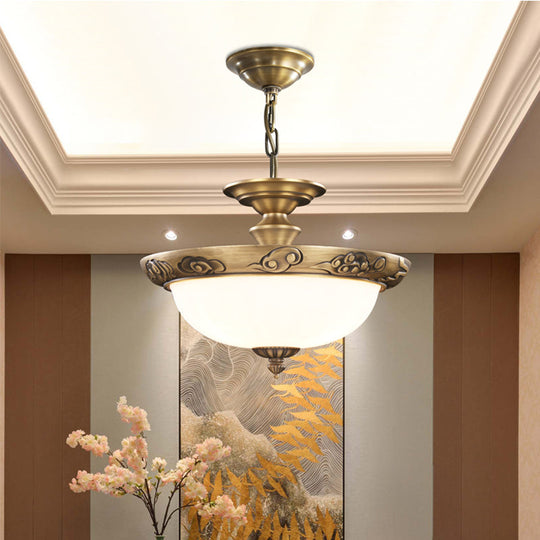 Antique Style Bronze Bowl Suspension Light With White Glass - Corridor Chandelier Pendant