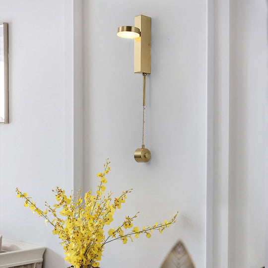 Minimalist L-Shaped Led Wall Sconce With Pull Chain For Living Room Lighting Brass / Warm
