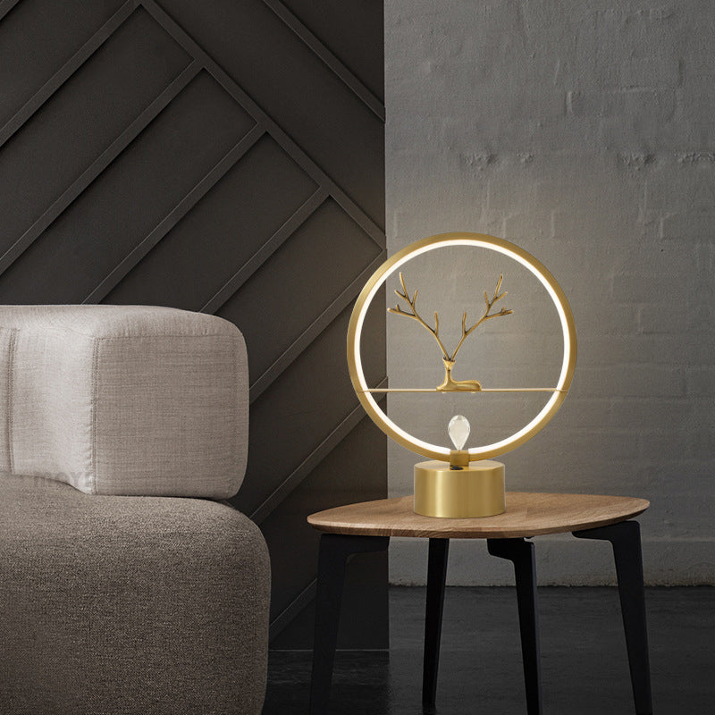 Minimalist Brass Halo Ring Table Light With Led Metal Night Featuring Deer Decoration