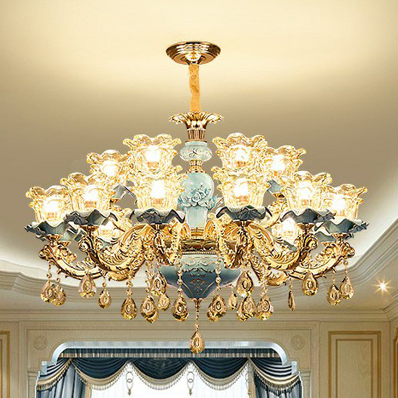 Blue Layered Flower Chandelier - Traditional Bedroom Suspension Light With Clear Crystal Glass