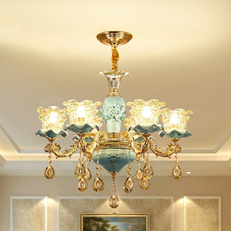 Blue Layered Flower Chandelier - Traditional Bedroom Suspension Light With Clear Crystal Glass 6 /
