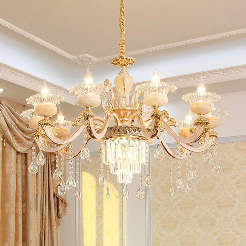 Opulent Crystal Beige Ceiling Flower Chandelier - Traditional Dining Room Light