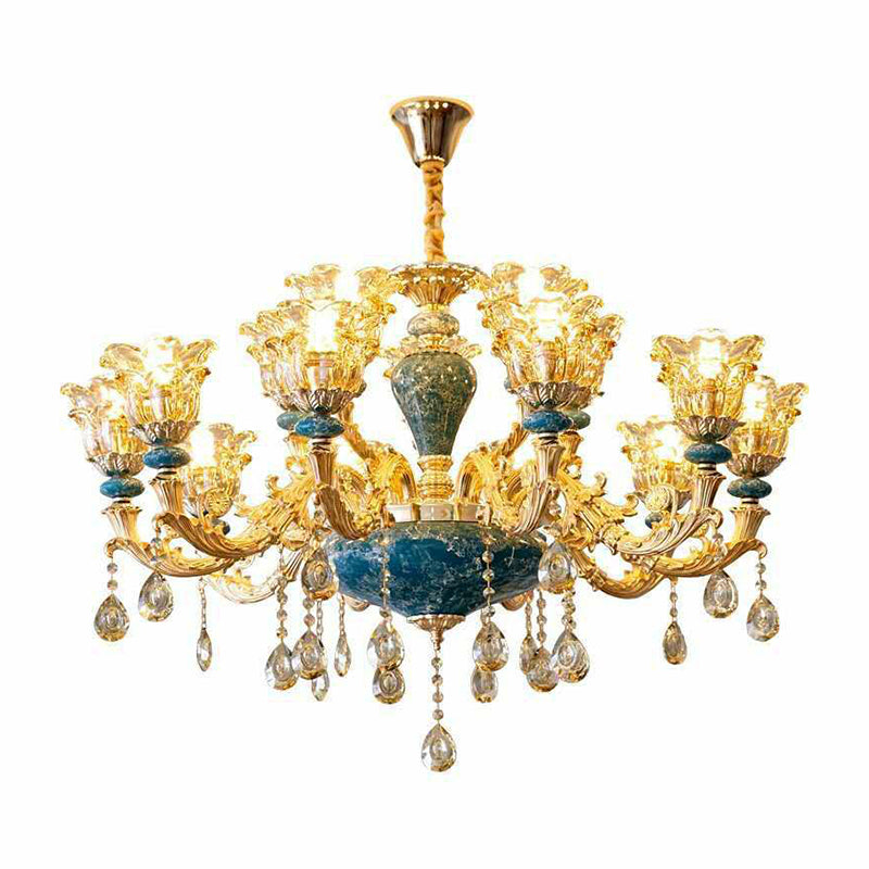 Blue Traditional Flower Up Chandelier - Luxurious Clear Glass Suspension Light With Crystal Drops