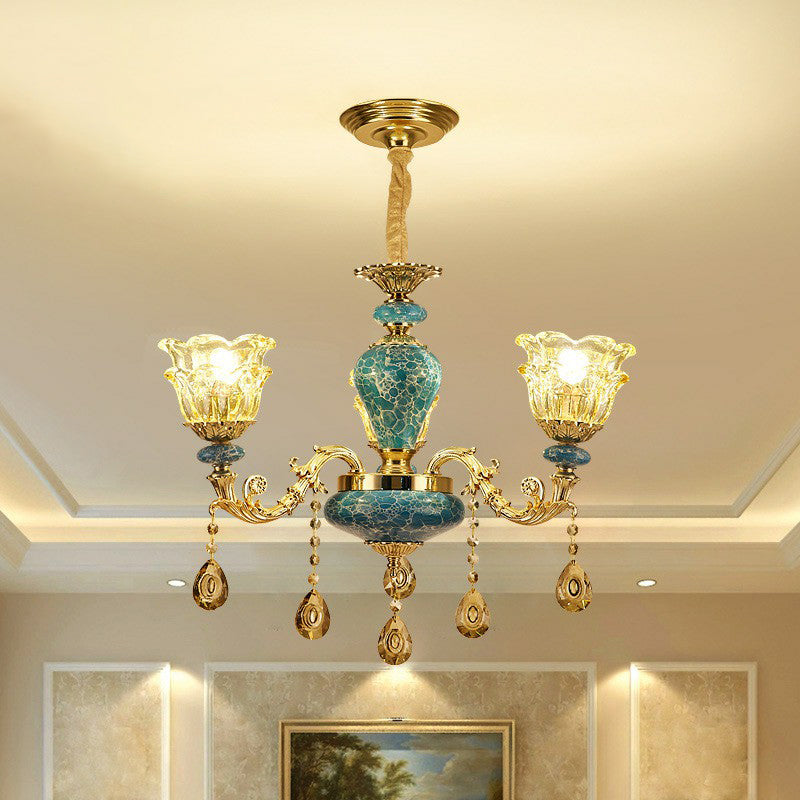 Blue Traditional Flower Up Chandelier - Luxurious Clear Glass Suspension Light With Crystal Drops 3