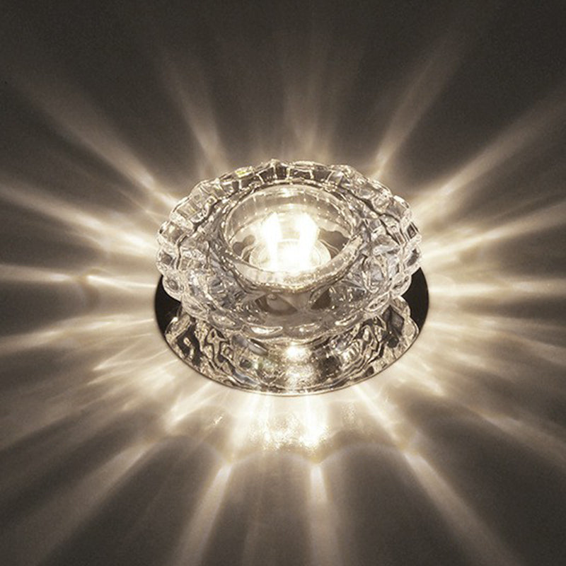 Simple Clear Crystal Entryway Led Flush Light Fixture - Round Mini Ceiling Mount / White