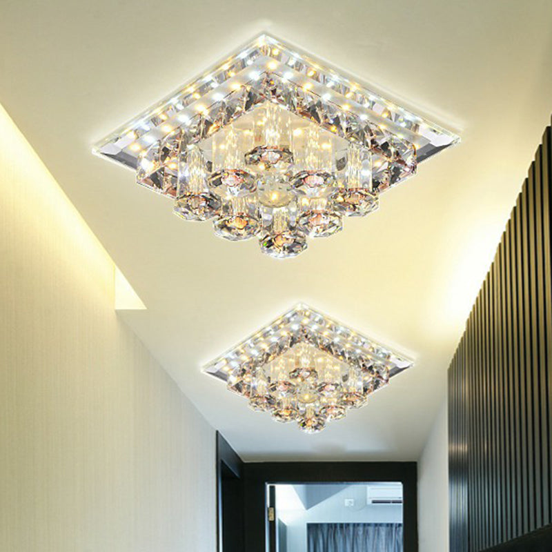 Modern Optic Prismatic Crystal Led Flush Mount - Square Ceiling Light Fixture For Aisle Coffee /