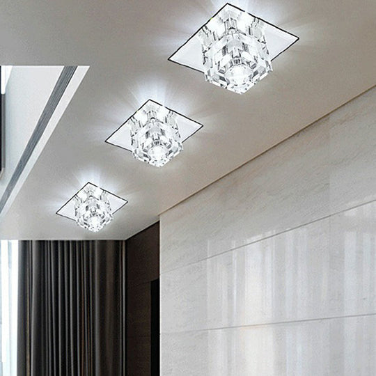 Minimalist Led Ceiling Fixture With Checkered Pattern - Clear Crystal Cube Flush Mount Lamp For