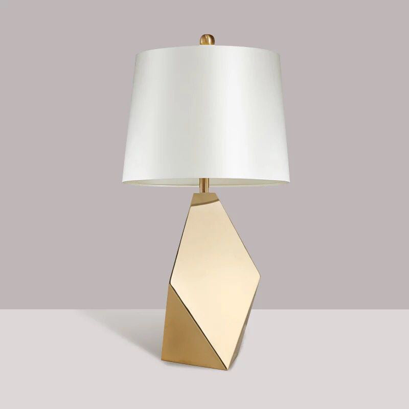 Gold Metal Desk Lamp With White Fabric Shade - Traditional Tapered Design