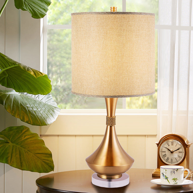 Traditional Fabric Cylinder Study Lamp: White/Beige Reading Light With Metal Base Beige