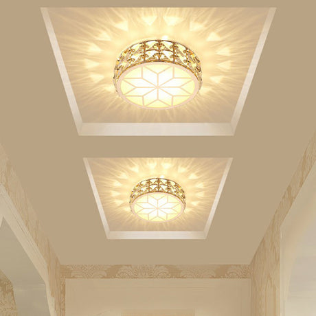 Champagne Led Crystal Embedded Round Ceiling Light - Simple Style Flush Mount For Passageway