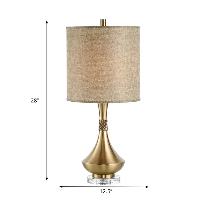 Traditional Fabric Cylinder Study Lamp: White/Beige Reading Light With Metal Base