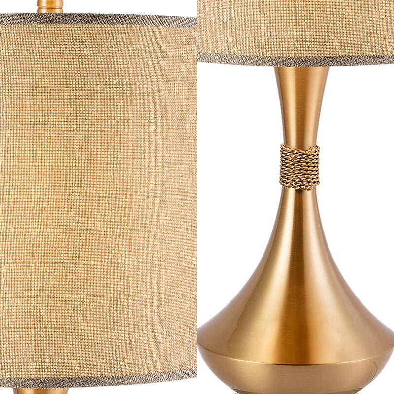 Traditional Fabric Cylinder Study Lamp: White/Beige Reading Light With Metal Base