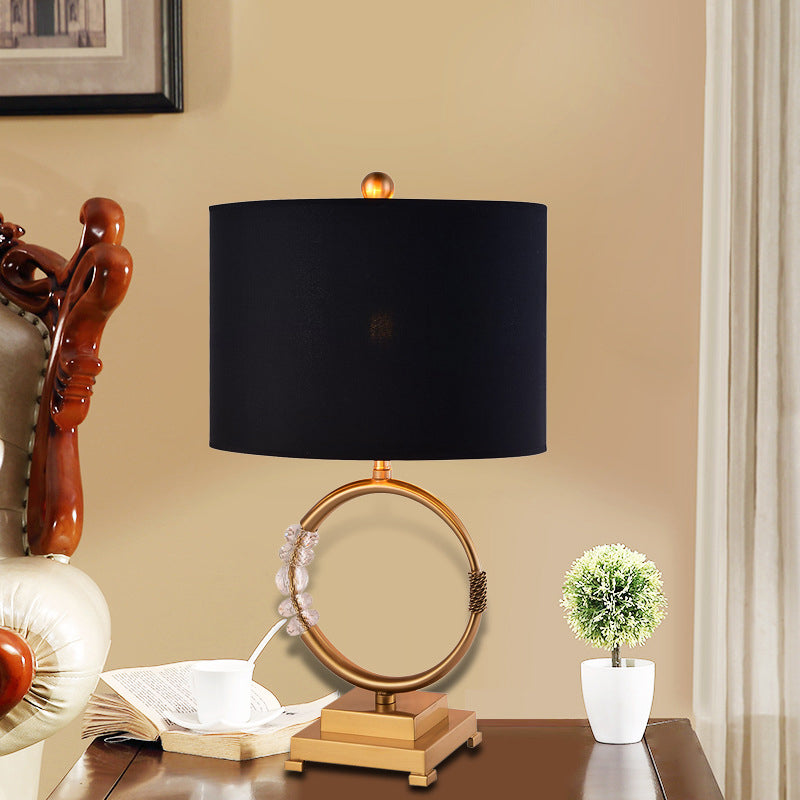 Classic Circular Brass Desk Lamp With Black Fabric Shade - 1 Bulb Task Lighting