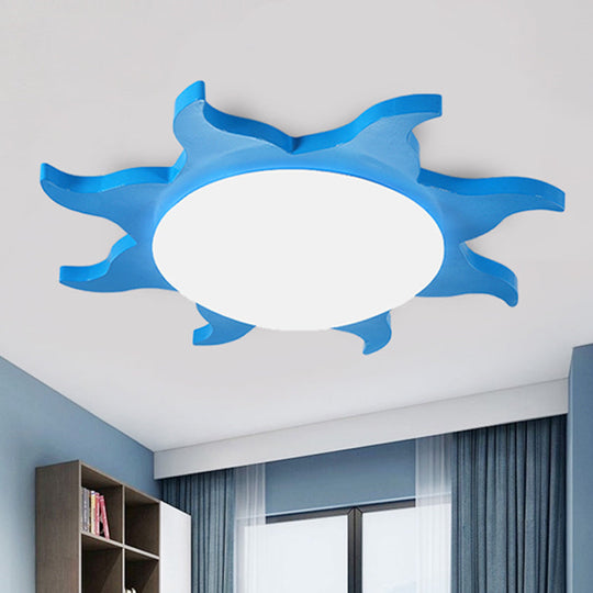 Sun-Shaped Cartoon Wood Acrylic Flush Ceiling Light For Kindergarten Blue / 16 Warm