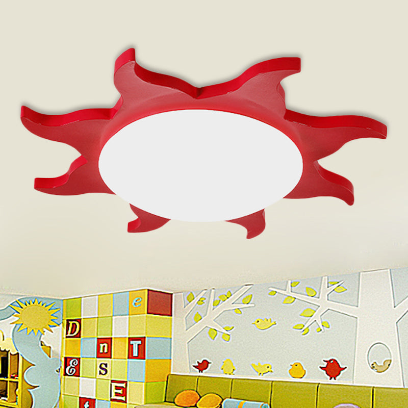 Sun-Shaped Cartoon Wood Acrylic Flush Ceiling Light For Kindergarten Red / 16 Warm