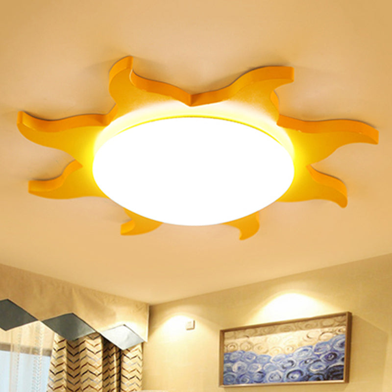 Sun-Shaped Cartoon Wood Acrylic Flush Ceiling Light For Kindergarten Yellow / 16 Warm