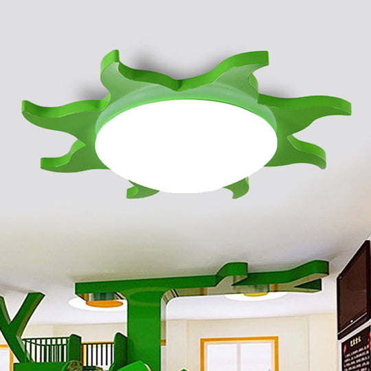 Sun-Shaped Cartoon Wood Acrylic Flush Ceiling Light For Kindergarten Green / 16 White