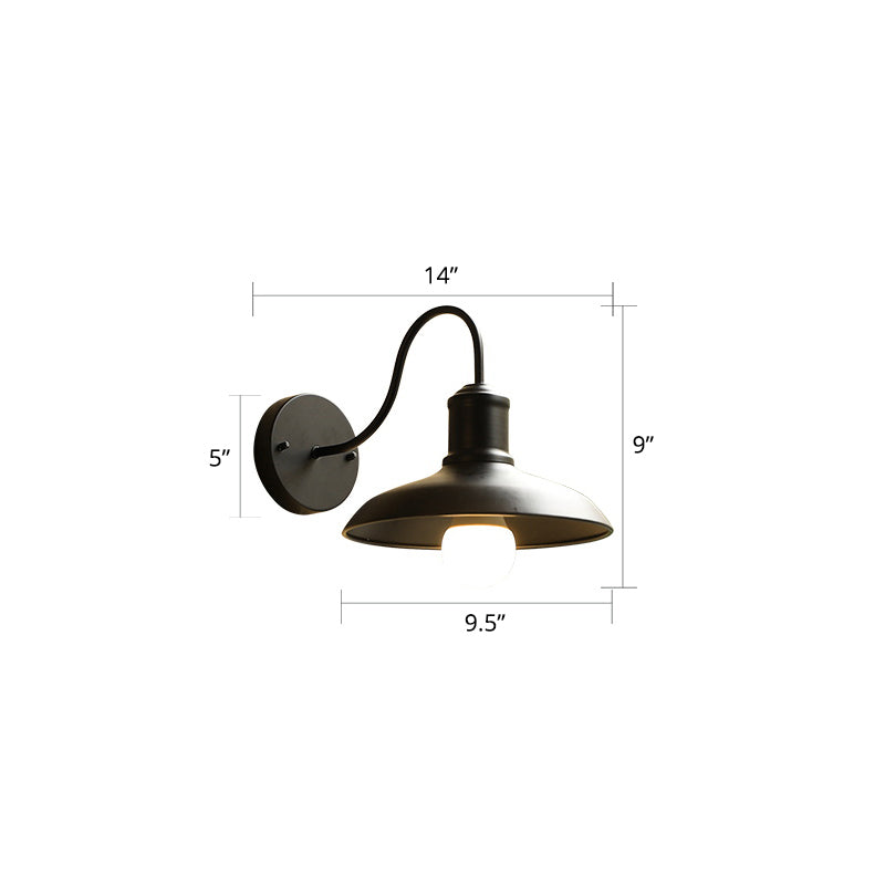 Barn Shade Outdoor Wall Lamp - Industrial Metal Gooseneck Light With 1 Bulb Black / 14