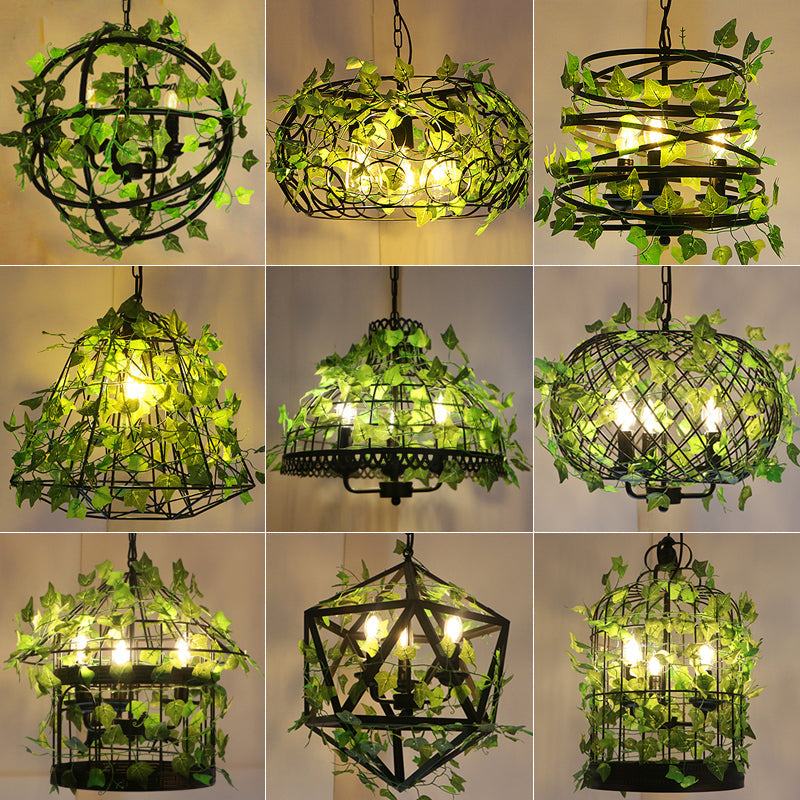 Iron Industrial Chandelier With Greenery And Cage - 3 Light Pendant For Restaurants
