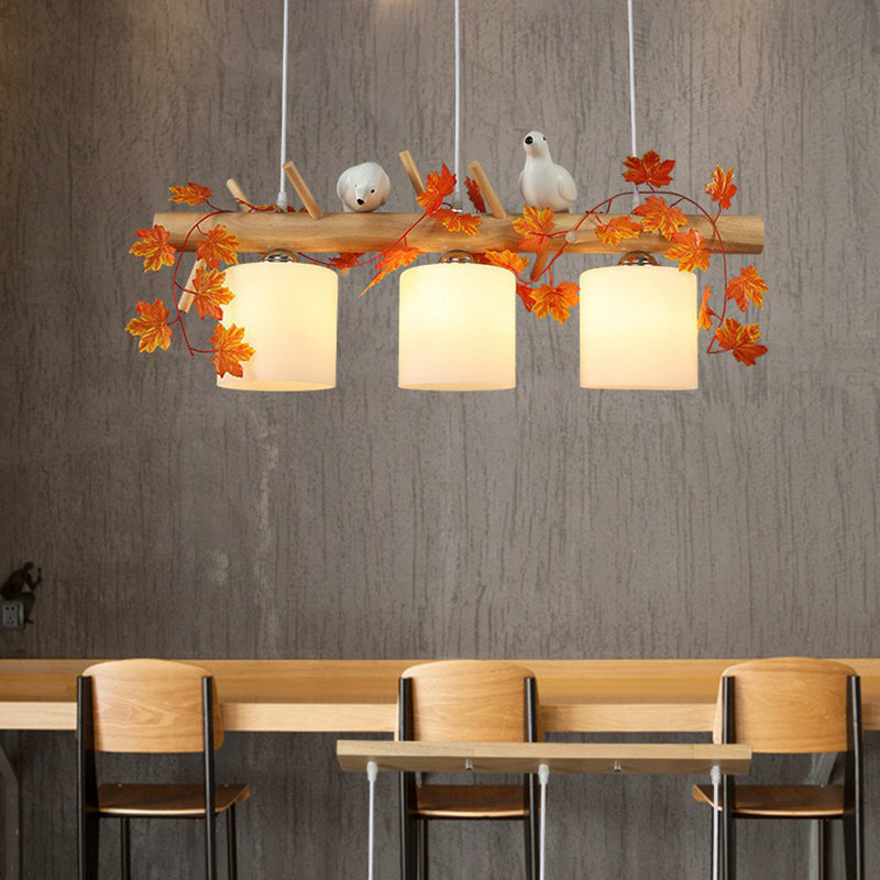 Country Style Milk Glass Cylindrical Island Lamp: Suspension Light With Resin Bird Deco