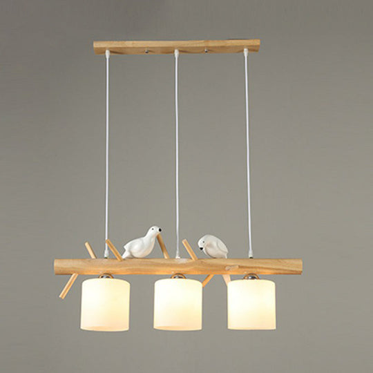 Country Style Milk Glass Cylindrical Island Lamp: Suspension Light With Resin Bird Deco 3 / Wood
