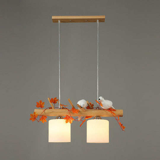 Country Style Milk Glass Cylindrical Island Lamp: Suspension Light With Resin Bird Deco 2 / Red