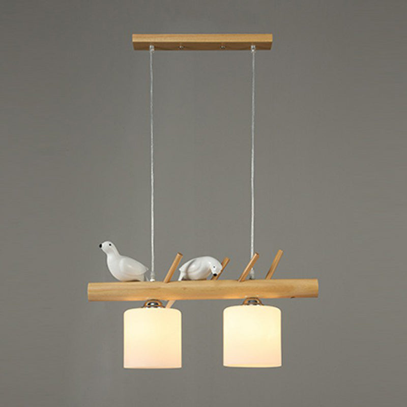 Country Style Milk Glass Cylindrical Island Lamp: Suspension Light With Resin Bird Deco 2 / Wood