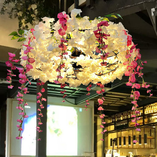 Loft Style Metal Pendant Light Fixture with Fake Flowers - 3-Bulb Round Hanging Lamp for Restaurants