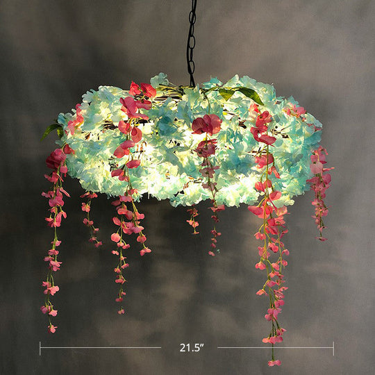 Metal Pendant Light Fixture: 3-Bulb Round Hanging Lamp With Artificial Flowers For Restaurants Blue