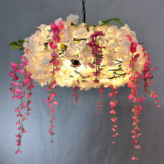 Loft Style Metal Pendant Light Fixture with Fake Flowers - 3-Bulb Round Hanging Lamp for Restaurants