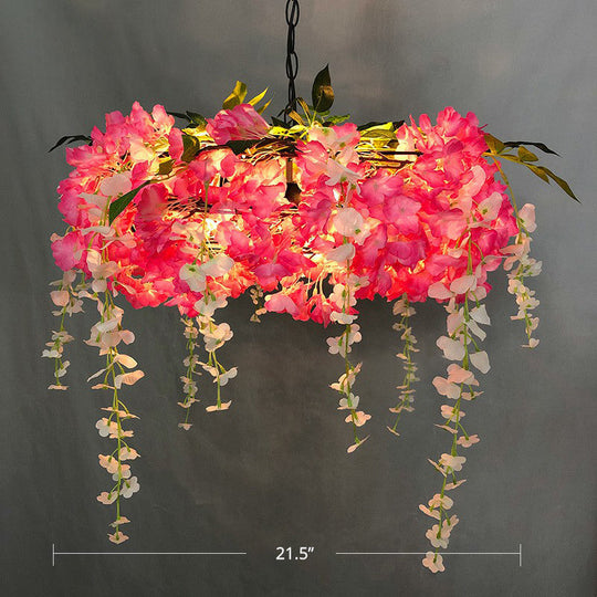 Metal Pendant Light Fixture: 3-Bulb Round Hanging Lamp With Artificial Flowers For Restaurants Pink