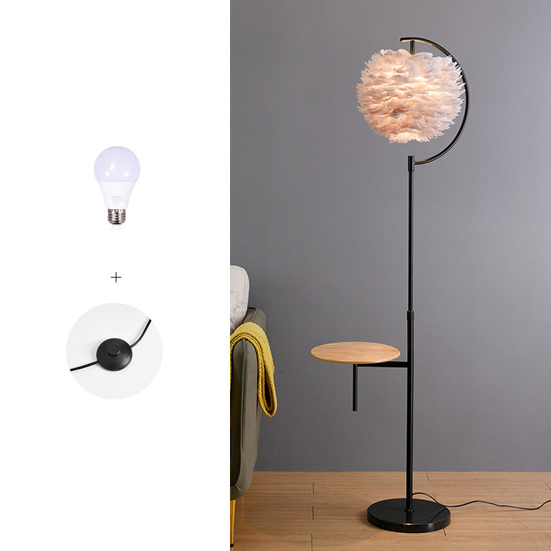 Nordic Feather Ball Shade Floor Lamp With Adjustable Height And Wooden Tray Black / Gray