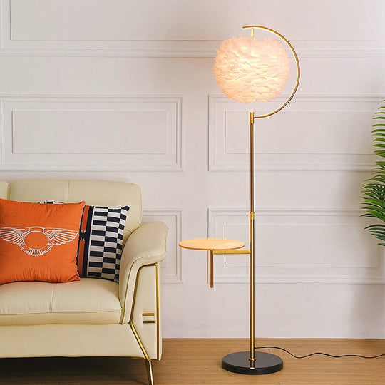 Nordic Feather Ball Shade Floor Lamp With Adjustable Height And Wooden Tray