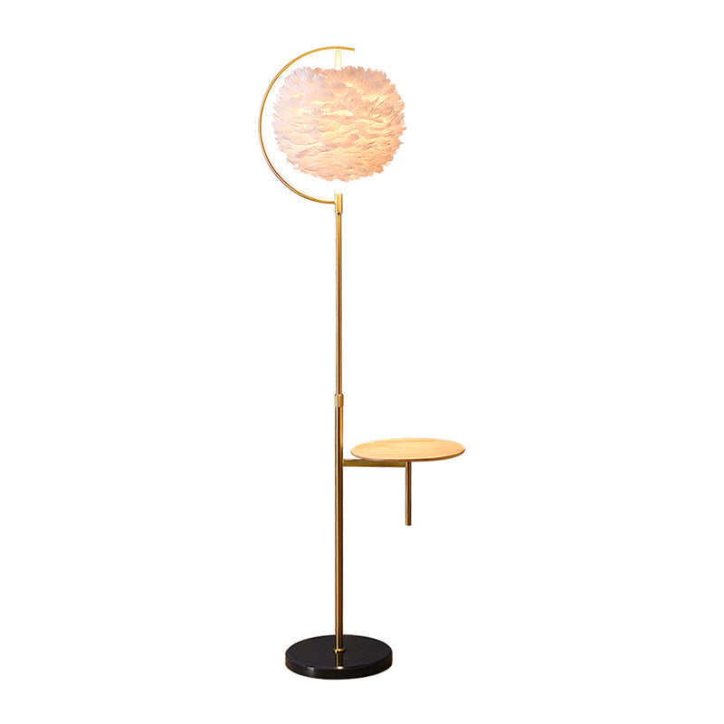 Nordic Feather Ball Shade Floor Lamp With Adjustable Height And Wooden Tray