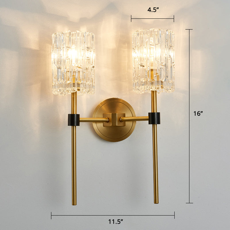 Modern Glass Wall Sconce With Clear Carvings Gold Finish Perfect For Living Room