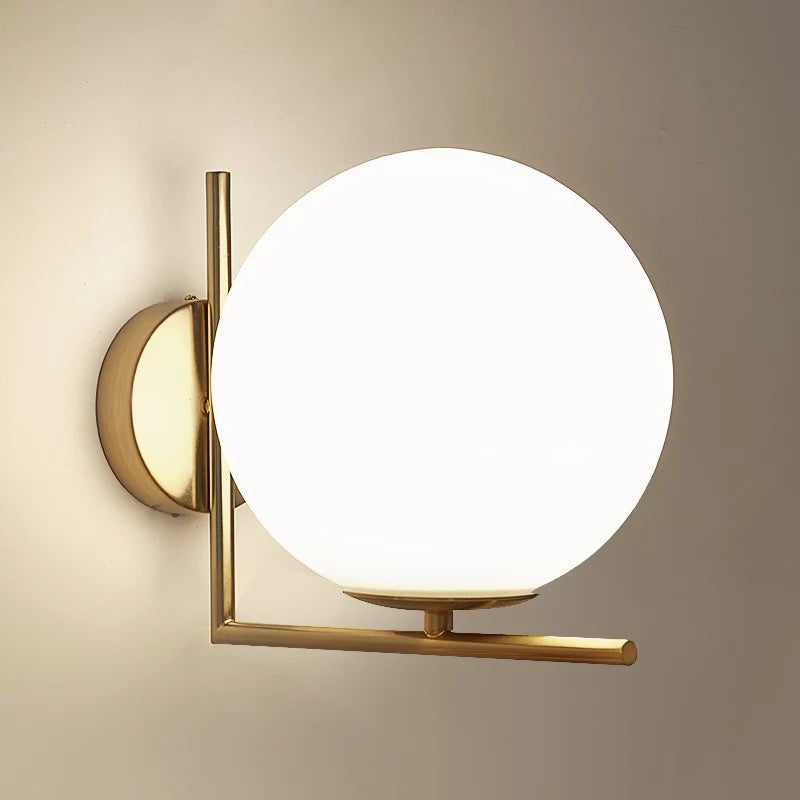 Opaline Glass Ball Wall Lamp With Right Angle Arm In Brass - Minimalist & Elegant