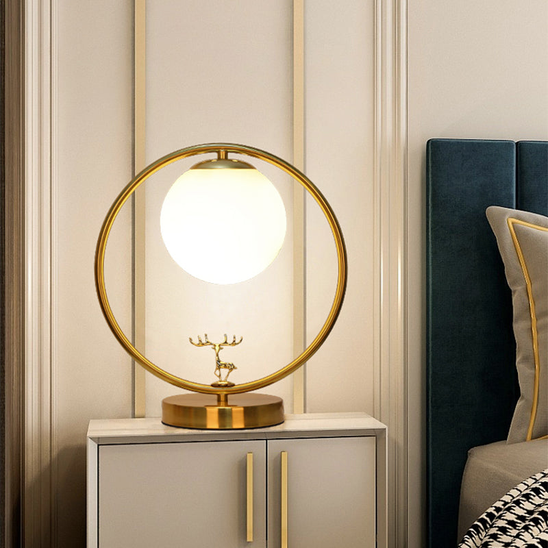 Simple Style Ivory Glass Ball Table Light With Gold Night Lamp And Deer Deco