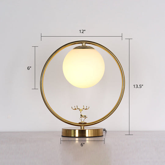 Simple Style Ivory Glass Ball Table Light With Gold Night Lamp And Deer Deco