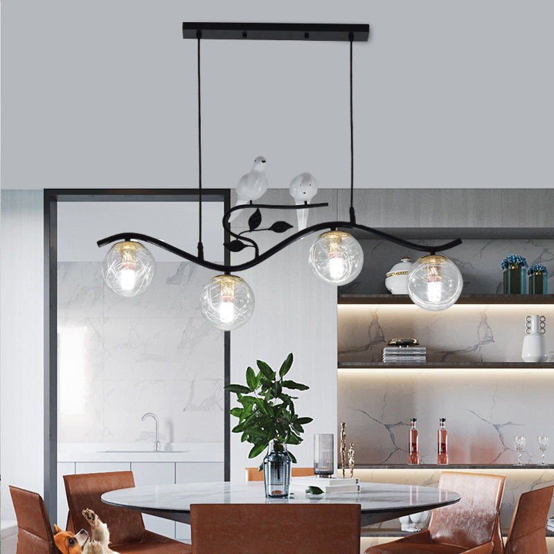 Minimalist Metal Wavy Island Pendant With 4-Light Black Hanging Lamp Ball Glass Shade And Bird Deco