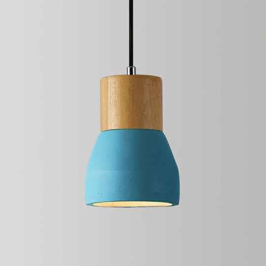 Nordic Cement Mini Pendant Ceiling Light With Wooden Top - Single-Bulb Restaurant Lighting Blue