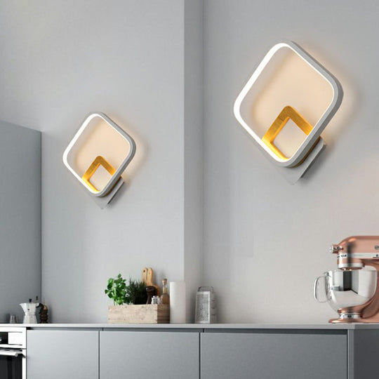 Minimalist Led Square Wall Sconce Light - White Metal Mounted Lamp For Bedroom