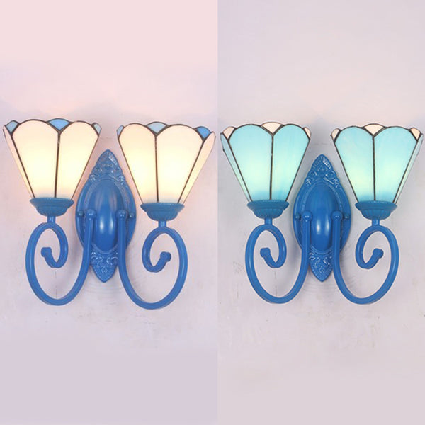 Modern Stained Glass Cone Sconce Lighting - Blue Finish 2 Lights Wall Fixture