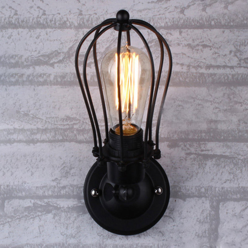 Adjustable Black Iron Wall Lamp - Bulb Shaped Cage Industrial Style Ideal For Bedroom Reading