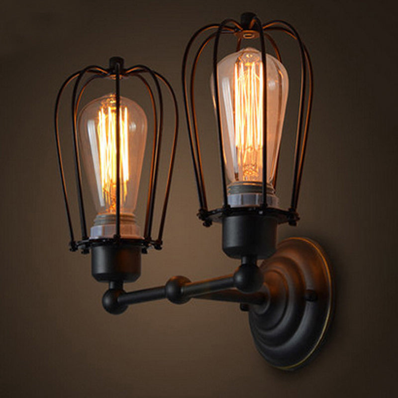 Adjustable Black Iron Wall Lamp - Bulb Shaped Cage Industrial Style Ideal For Bedroom Reading