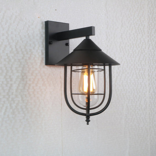 Rustic Black Wall Mounted Light With Single Metal Cage Half-Capsule Aisle Lamp