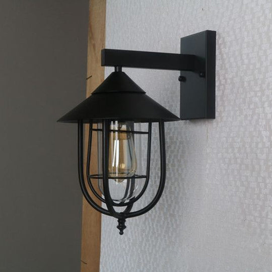 Rustic Black Wall Mounted Light With Single Metal Cage Half-Capsule Aisle Lamp