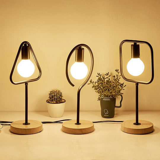 Geometric Frame Metal Table Lamp With Round Wooden Base - Stylish Industrial Bedside Night Light