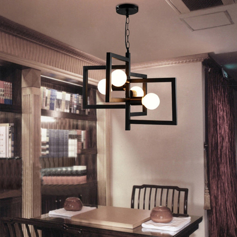Industrial Square Pendant Metal Chandelier Light - 4-Light Modern Design For Restaurants